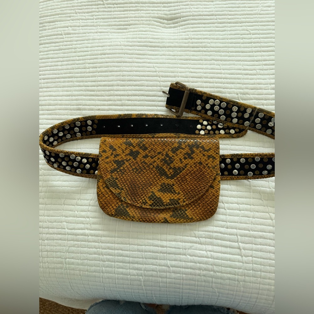 Free People Brown Snakeskin Belt Bag with Studded Strap